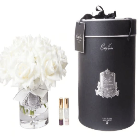 Cote Noire - Bouquet de douze Roses - Blanche- Verre Transparent - Sensaura